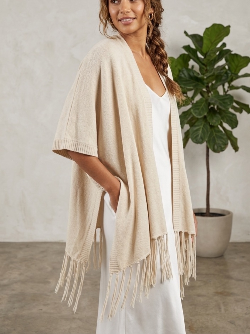 Ivory Fringe Open Cardigan Wrap Poncho Knit
One Size